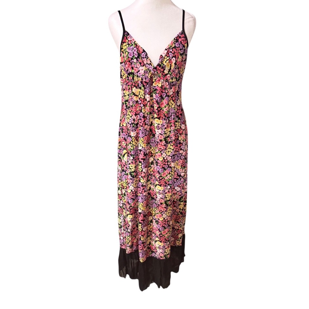 Bisou Bisou Floral Slip Dress Mesh Hem Y2K Maxi Dress Size M